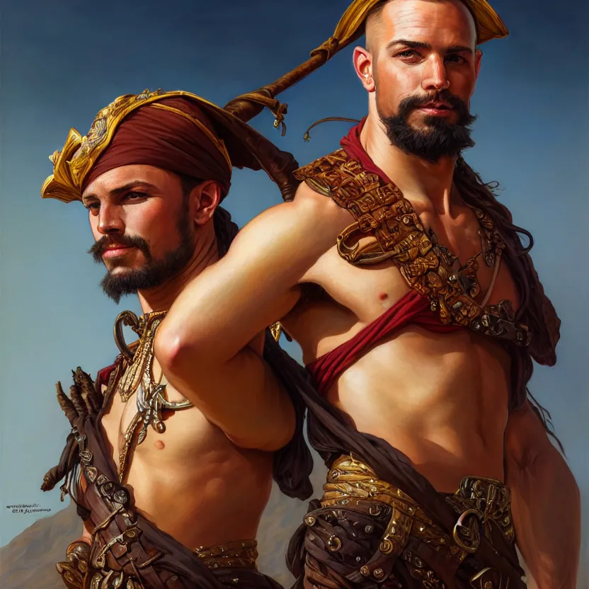 Image similar to , portrait of a 1 male pirate captain of the desert, muscular upper body, D&D, fantasy, intricate, elegant, highly detailed, digital painting, artstation, concept art, smooth, sharp focus, illustration, art by artgerm and greg rutkowski and alphonse mucha