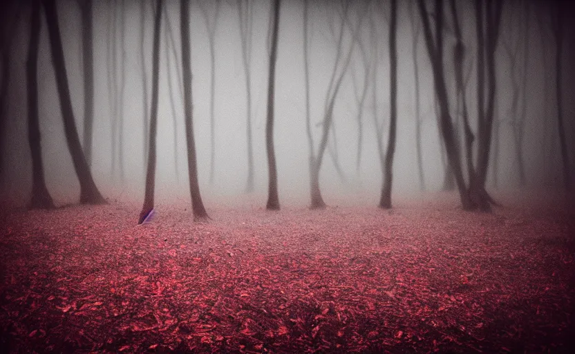 Prompt: beauty of dead evil, in the misty wood, pale light, pinhole camera effect, lomography effect, analogue photo quality, red monochrome, blur, unfocus, red bright filter, scratches