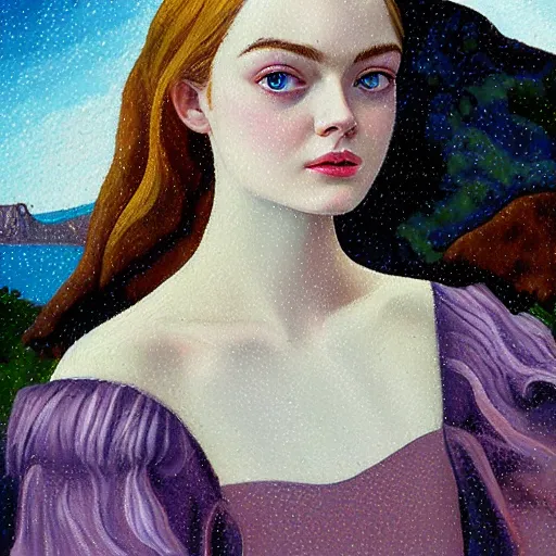 Prompt: professional painting of Elle Fanning in Santorini in the style of Henri-Edmond Cross, head and shoulders portrait, symmetrical facial features, smooth, sharp focus, illustration, intricate, stormy weather, extremely detailed masterpiece,