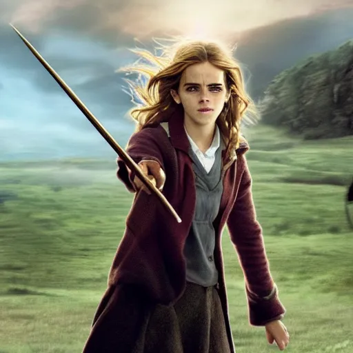 Prompt: still of emma watson as hermione granger holding a wand. prisoner of azkaban. during golden hour. extremely detailed. beautiful. 4 k. award winning.