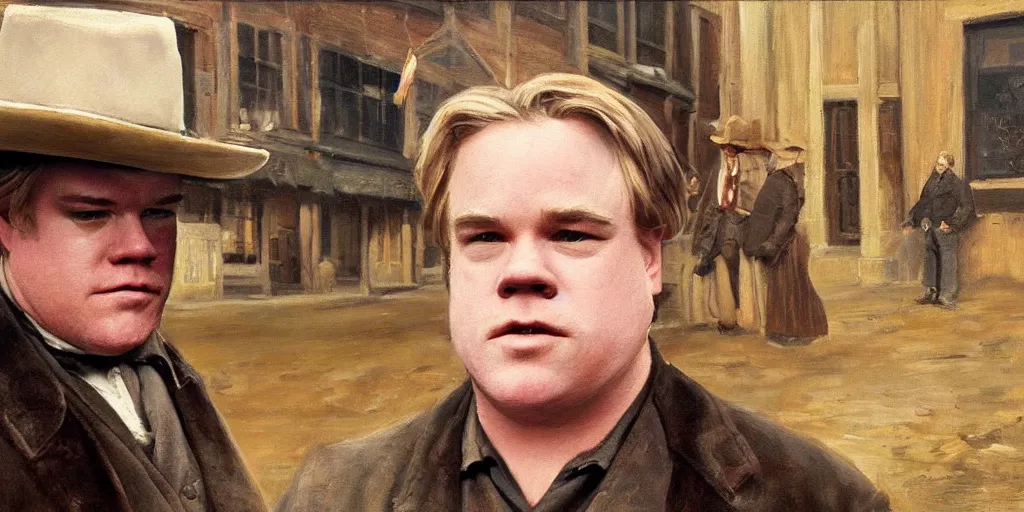 Prompt: oil painting of Phillip Seymour Hoffman as an old west banker in a busy old west town, detailed, realistic, cinematic