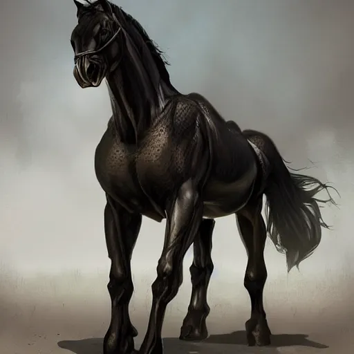 Image similar to an enormously muscular black - coated anthro horse at a research facility wearing skintight body armor, highly detailed, digital painting, artstation, concept art, illustration, art by artgerm, greg rutkowski, wlop