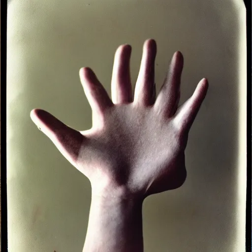Image similar to a hand that is realistic but also has eyes and little feet at the fingertips, many fingers, it's wearing a cute little hat, old photo, expired color film, 1975