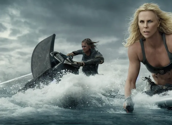 Image similar to film still of charlize theron as a viking women with weapons riding on a jet ski, wearing skin - tight futuristic valkerie bikini, rough seas in background, lightning storms, water world, mad max, hyper - realistic, highly detailed, accurate, 8 k octane render, 2 8 mm, wide angle, rule of thirds