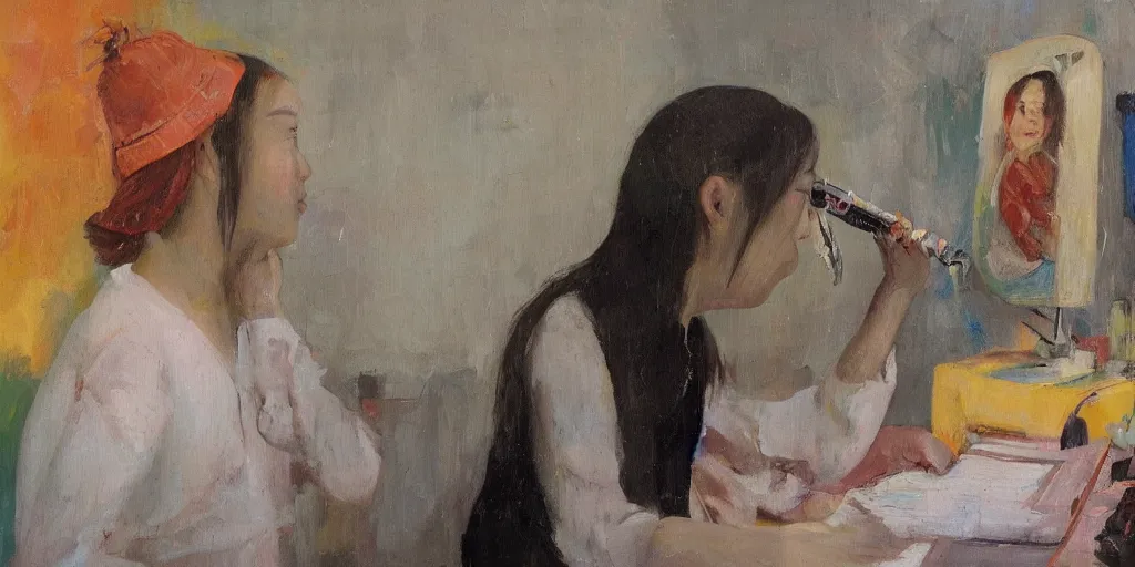 Prompt: Oil on canvas low angle of a Korean girl playing a clarinet with her nose, facing front. Sitting at her computer desk. Behind her is a tall mirror, with two small rainbows and a teddy bear beside the mirror