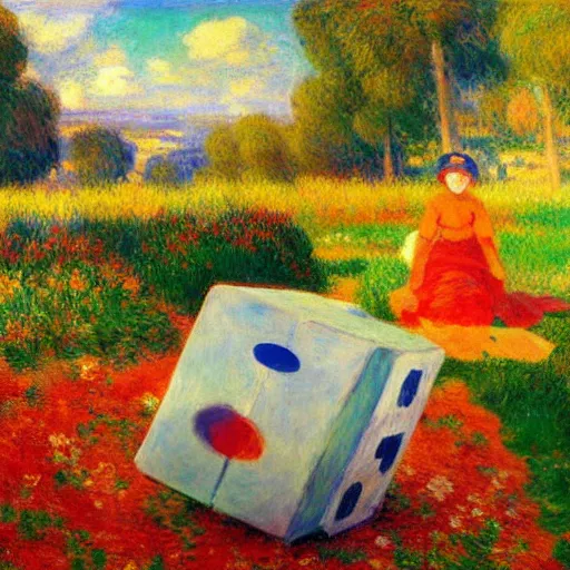 Image similar to beautiful painting of companion cube in a beautiful landscape, monet, rhads, renoir, degas