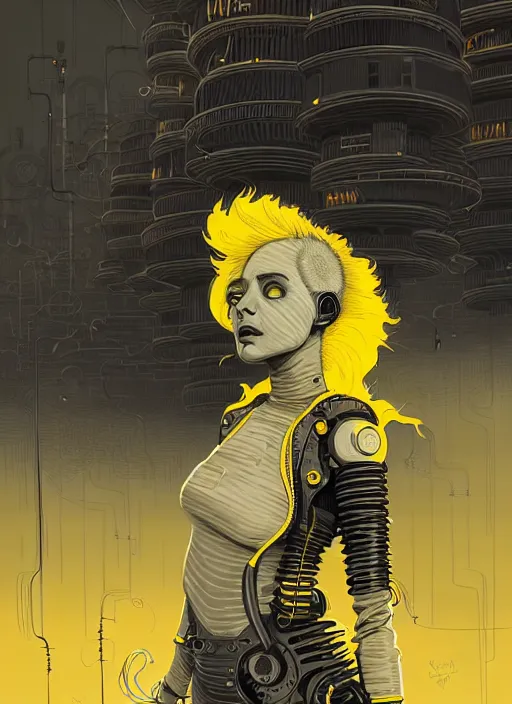 Image similar to highly detailed portrait of wasteland punk long curly bright yellow and white plasma electricity hair tribal lady, stray electric spark wiring by atey ghailan, james gilleard, by joe fenton, by greg rutkowski, by greg tocchini, by kaethe butcher, 4 k resolution, gradient yellow, black and white color scheme!!! ( ( lightning cloudy robotic dystopian city background ) )