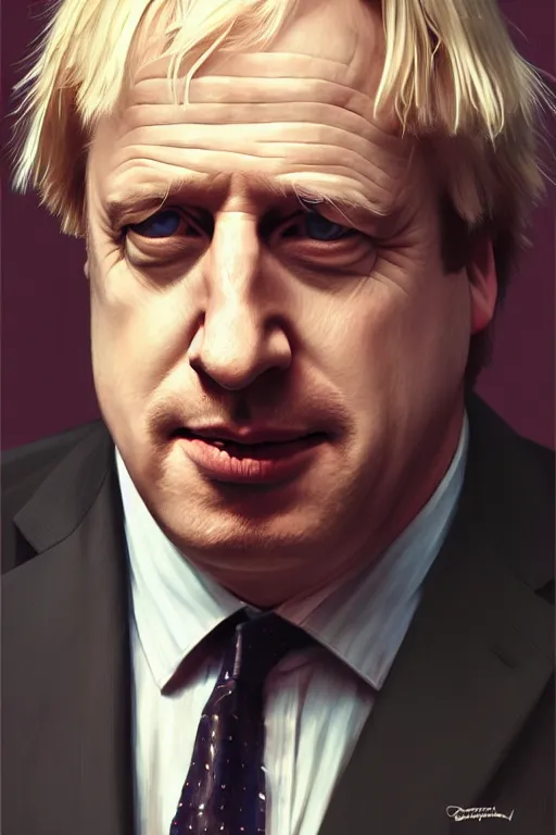 Image similar to Boris Johnson as Saul Goodman, Better Call Saul, realistic portrait, symmetrical, highly detailed, digital painting, artstation, concept art, smooth, sharp focus, illustration, cinematic lighting, art by artgerm and greg rutkowski and alphonse mucha