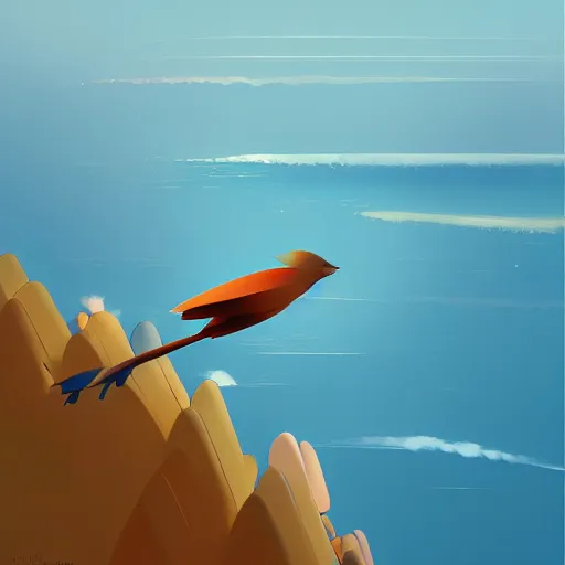 Image similar to goro fujita ilustration view from the sky of a bird with open wings full of feathers, flying over the ocean with waves, painting by goro fujita, sharp focus, highly detailed, artstation