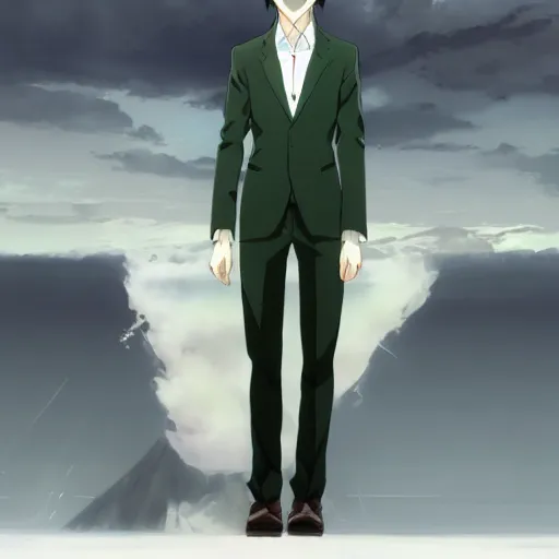 Image similar to full body portrait character concept art, anime key visual of decadent green long straight hair young anime male in black suit, green long straight hair and brown eyes, finely detailed perfect face studio lighting delicate features directed gaze, gapmoe kuudere grimdark, trending on pixiv fanbox, painted by greg rutkowski makoto shinkai takashi takeuchi studio ghibli