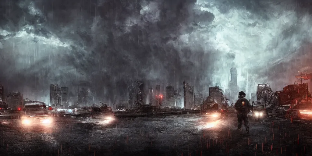 Image similar to An Eldritch monstrosity battling a modern military force in the ruins of New York during a thunderstorm. highly detailed, trending on artstation, gritty, cinematic lighting, 8k, wallpaper