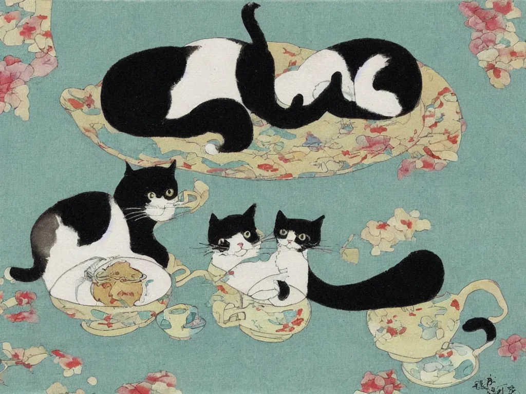 Image similar to cat breaking the china. Painting by Tsuguharu Fujita