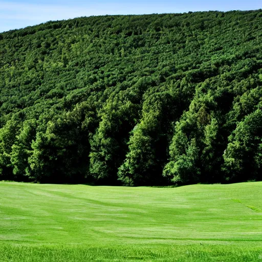 Prompt: a singular, green hill in the middle of the photo. no tree's are on the hill. the sky is a bright blue.