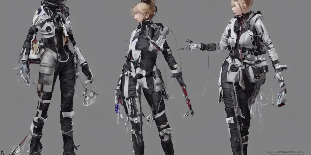 Image similar to a woman in scientist's jacket with a system of straps and pouches for collecting material by Tetsuya Nomura with Ralph Horsley and Mario Testino, trending on artstation and pixiv clean sci-fi concept art and sheet that using unreal engine 5 render and hyper detailed 3D texture with cinematic software light