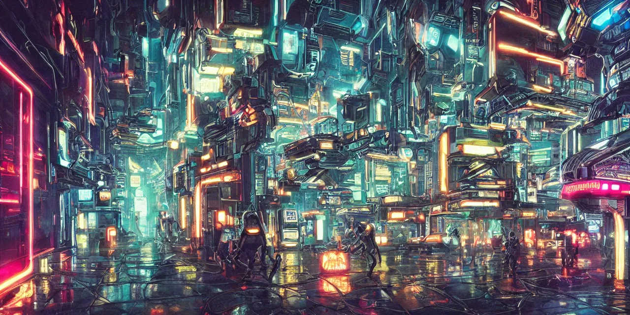 Image similar to interior shot ready player one ,apartment, nightime, scifi , futuristic, neon, robots, women, neon lights, by james gurney and katsuhiro otomo