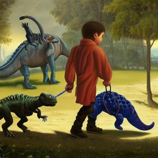 Image similar to a kid at the park walking a dinosaur with a leash, renaissance oil painting by George Lucas and Jarosław Jaśnikowski and Dan Mumford