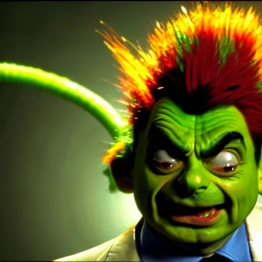 Prompt: mr. bean as blanka from the streetfighter movie. movie still. cinematic lighting.