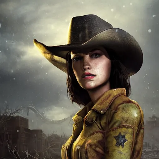 Image similar to fallout 5, charismatic beautiful, rugged, brunette female protagonist wearing a cowboy - hat, portrait, outdoors ruined cityscape, atmospheric lighting, painted, intricate, volumetric lighting, beautiful, daytime, clear weather, winter, sharp focus, deep colours, ultra detailed, by leesha hannigan, ross tran, thierry doizon, kai carpenter, ignacio fernandez rios