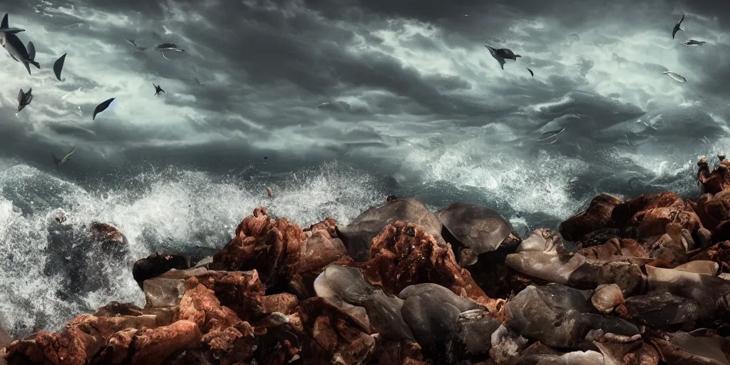 Image similar to hundred sharks seen from a rocky shore, waves, blood in the water, cinematic light