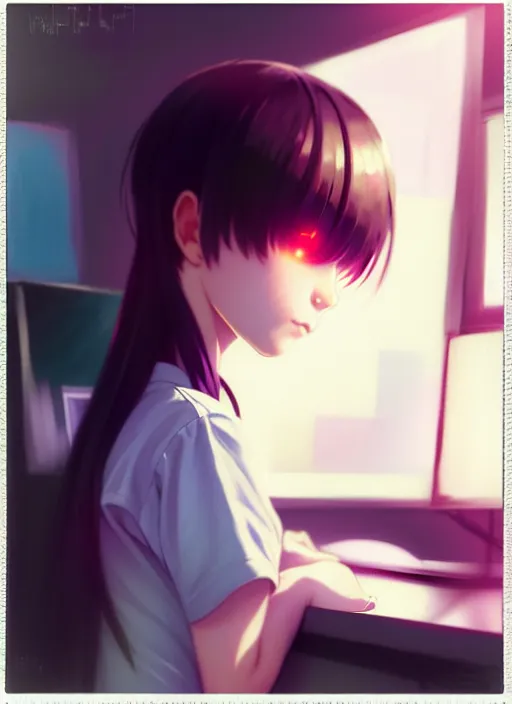 Image similar to a film still polaroid portrait of a young gamersgirl at her computer, detailed features, perfect art, busy room, hd, gapmoe yandere, trending on pixiv, focussed painted art, by wlop, ilya kuvshinov, artgerm, krenz cushart, pixiv