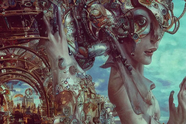 Image similar to extremely detailed movie shot closeup portrait of a beautiful alien girl wearing leather coat, saint petersburg city background by denis villenueve, yves tanguy, ernst haeckel, roger dean, amano, alphonse mucha, dynamic composition, rich moody colours