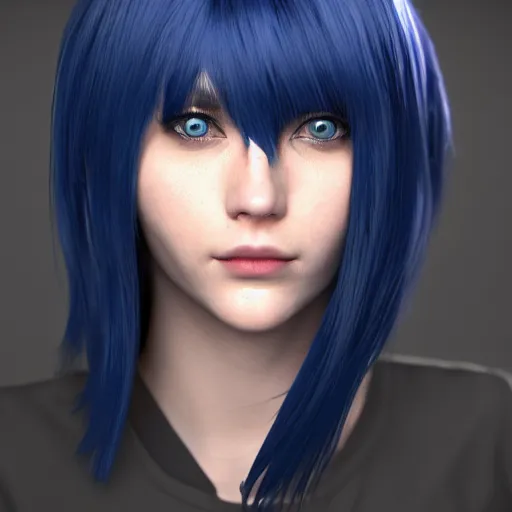 Image similar to « portrait, attractive, blue eyes, black hair, middle length hair, ghost in the shell, front view, unreal engine 5 »