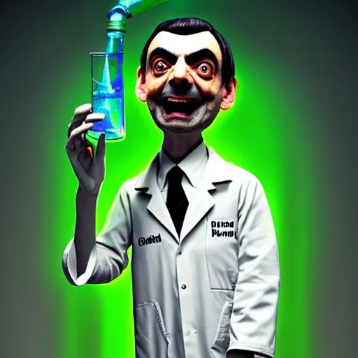 Image similar to mr. bean depicted as a mad scientist, wearing a lab coat, mixing green acids, digital art, trending on artstation and unreal engine