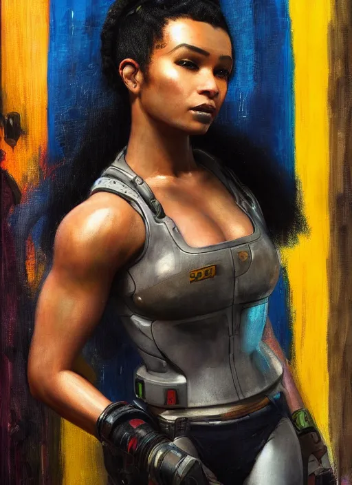 Image similar to Sophie Igwe. Buff Beautiful Cyberpunk mechanic with robotic legs. (Cyberpunk 2077, bladerunner 2049). Gorgeous face. Iranian orientalist portrait by john william waterhouse and Edwin Longsden Long and Theodore Ralli and Nasreddine Dinet, oil on canvas. Cinematic, vivid colors, hyper realism, realistic proportions, dramatic lighting, high detail 4k