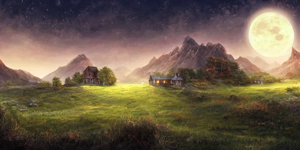 Prompt: Blood soaked fields with large mountains in the distance, small cottage in the foreground, nighttime, moon in the night sky, landscape wallpaper, d&d art, fantasy, painted, 4k, high detail, sharp focus