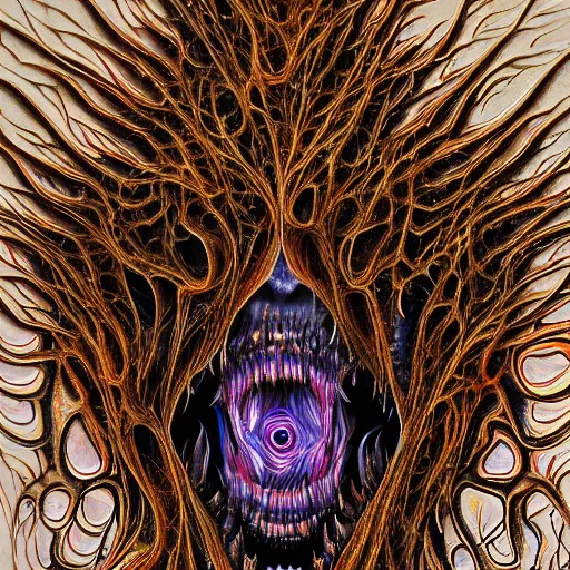 Image similar to Hyper detailed painting of a horrid fractal abomination covered in endless teeth as it devoures souls.