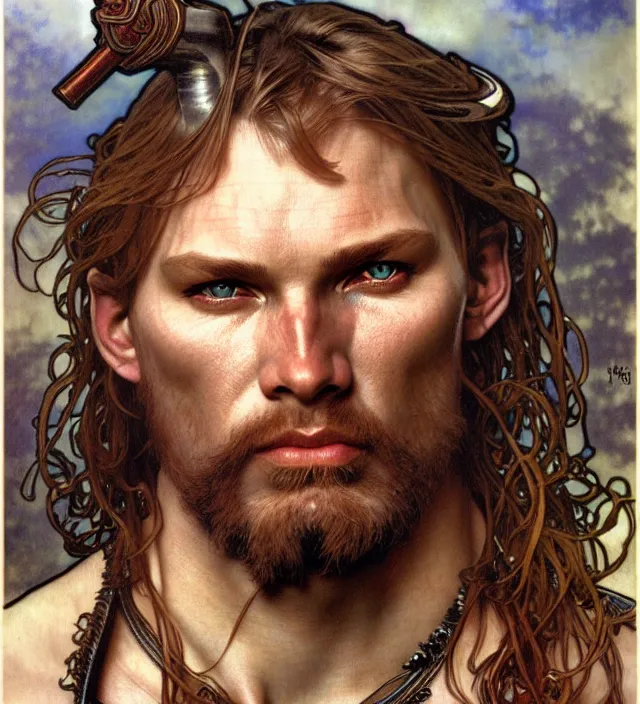 Prompt: realistic detailed face portrait of a rugged handsome viking warrior prince by alphonse mucha, ayami kojima, amano, greg hildebrandt, and mark brooks, male, masculine, art nouveau, neo - gothic, gothic, character concept design