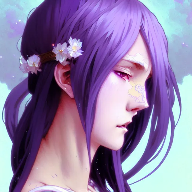 Image similar to anime girl with flowing lavender hair, purple eyes and white dress, profile photo, digital artwork, very beautiful face, extremely detailed art by greg rutkowski and alphonse mucha