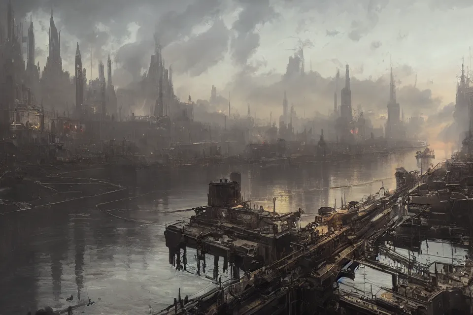 Prompt: highly detailed painting of dieselpunk stockholm, river, by greg rutkowski, 4 k resolution, trending on artstation