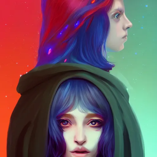 Image similar to a nonbinary changeling with a cloak of stars, aurora colored hair, curious expression, character art, trending on artstation, artgerm, 4k ultra hd, sharp focus, digital art by Ilya Kuvshinov and Ross Tran,