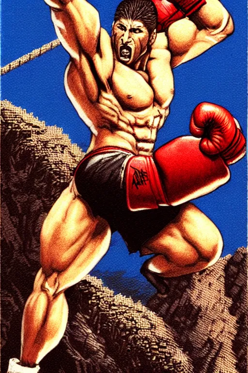 Image similar to extreme long shot. 8 bit nes graphics. antropomorphic muscular masculine wolf. kickboxer fighter, in shorts. wolf head. fine details, very sharp, art from nes game cartridge, marc simonetti and hermann nitsch