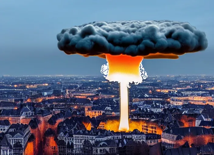 Image similar to nuclear mushroom cloud over brussels, 8 k