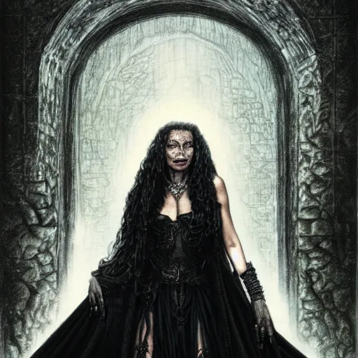 Image similar to head and shoulders portrait of an evil, black - skinned night hag portrayed by madonna, d & d, fantasy, luis royo, magali villeneuve, donato giancola, wlop, krenz cushart