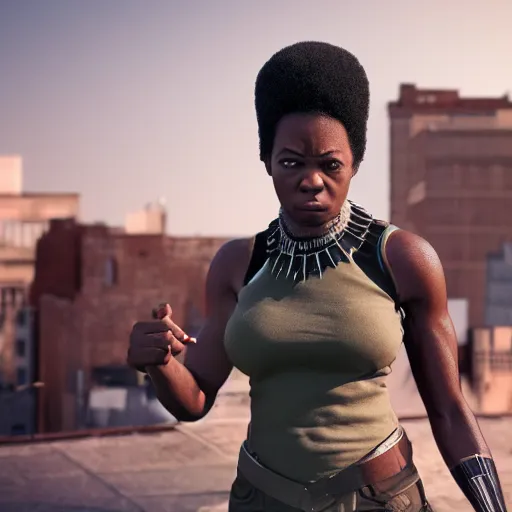 Image similar to incredibly detailed picture of revolutionary tarika lewis black panther, powerful stance, 7 0's protest movement aesthetic, 8 k character concept art by philip bond, vray render, fineline detail, cinematic quality