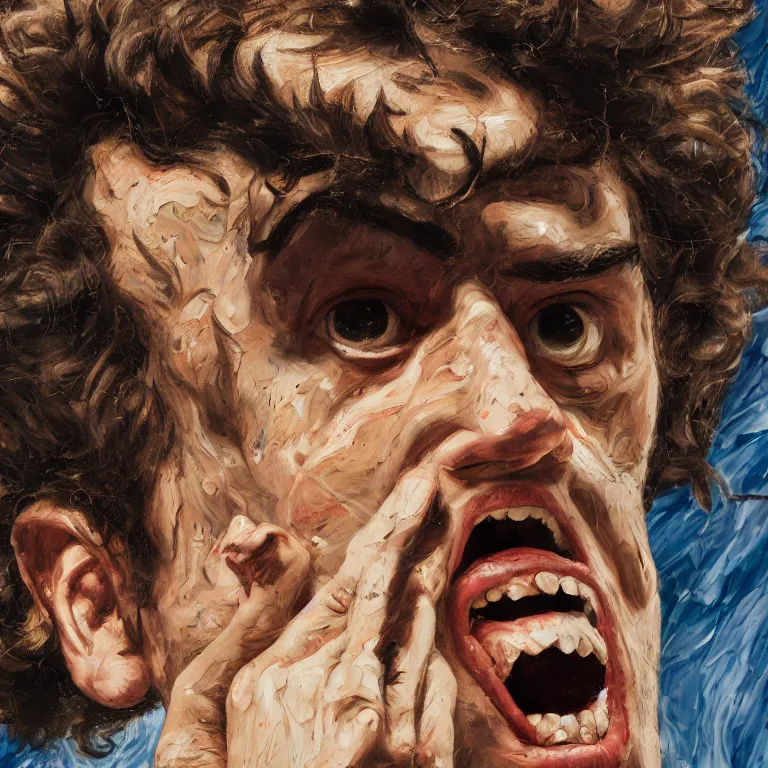 Prompt: warmly lit close up studio portrait of young angry!! screaming! teenage Cosmo Kramer furious!, impasto oil painting thick brushstrokes by Lucian Freud and Cy Twombly and Tim Hawkinson , trending on artstation dramatic lighting Expressionism