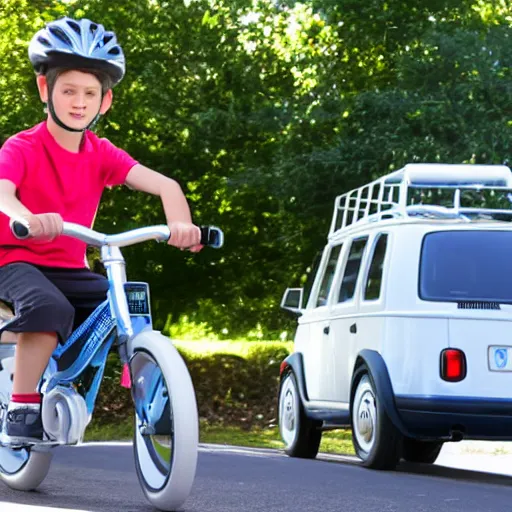 Image similar to a boy on a bike delivering volkswagens,