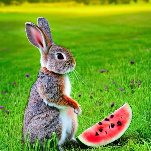 Image similar to a cute rabbit eating watermelon on the green meadow, style by roman shipunov