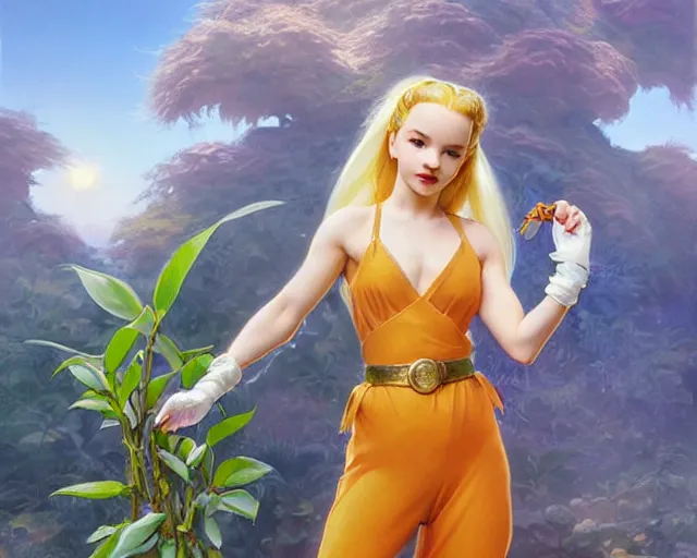 Image similar to dove cameron as marle from chrono trigger with orange - blonde ponytail and wearing middle eastern white jumpsuit with gold belt, casting ice magic, green plants, intricate, elegant, highly detailed, digital painting, artstaion, concept art, smooth, sharp, focus, illustration, art by artgerm and greg rutkowski and alphonse mucha