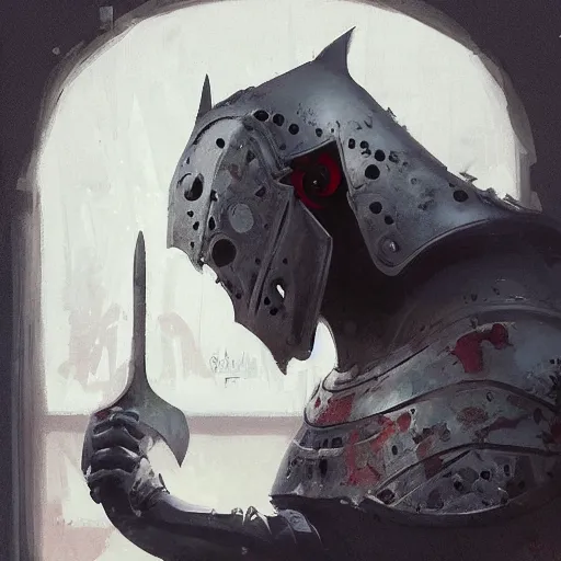 Prompt: a knight with a big spoon and a big fork in hands by greg rutkowski