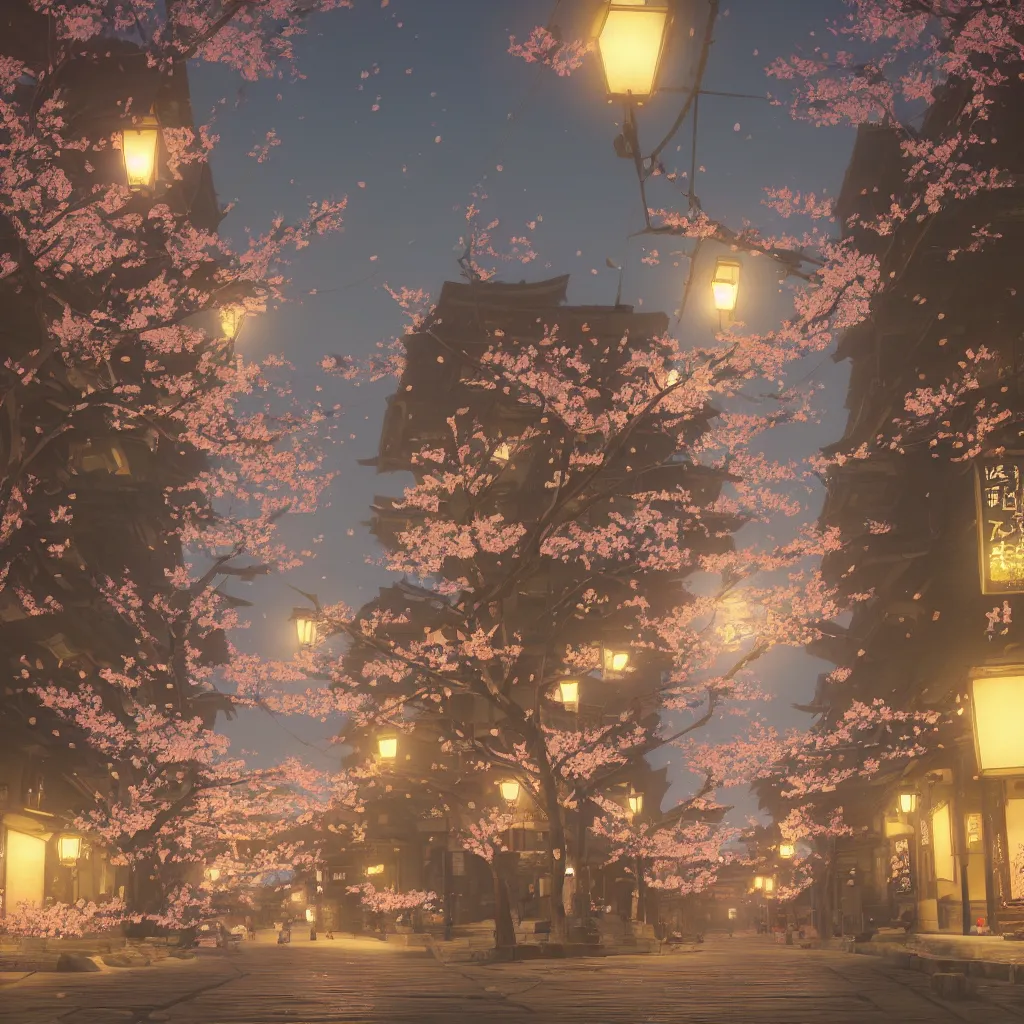 Image similar to Japanese street at night, cherry blossom petals, highly detailed, 3D render, digital art, artstation, 8K photography, matte photo-realistic, vivid colors, moody cool temperature, by Hayao Ghibli Miyazaki, breath of the wild style