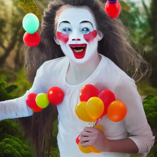 Prompt: long haired girl clown: giant smile: and chrome balloons:: in a terrarium:: hyper-realistic, extremely detailed, sharp photo, no blur, octane render, 8K