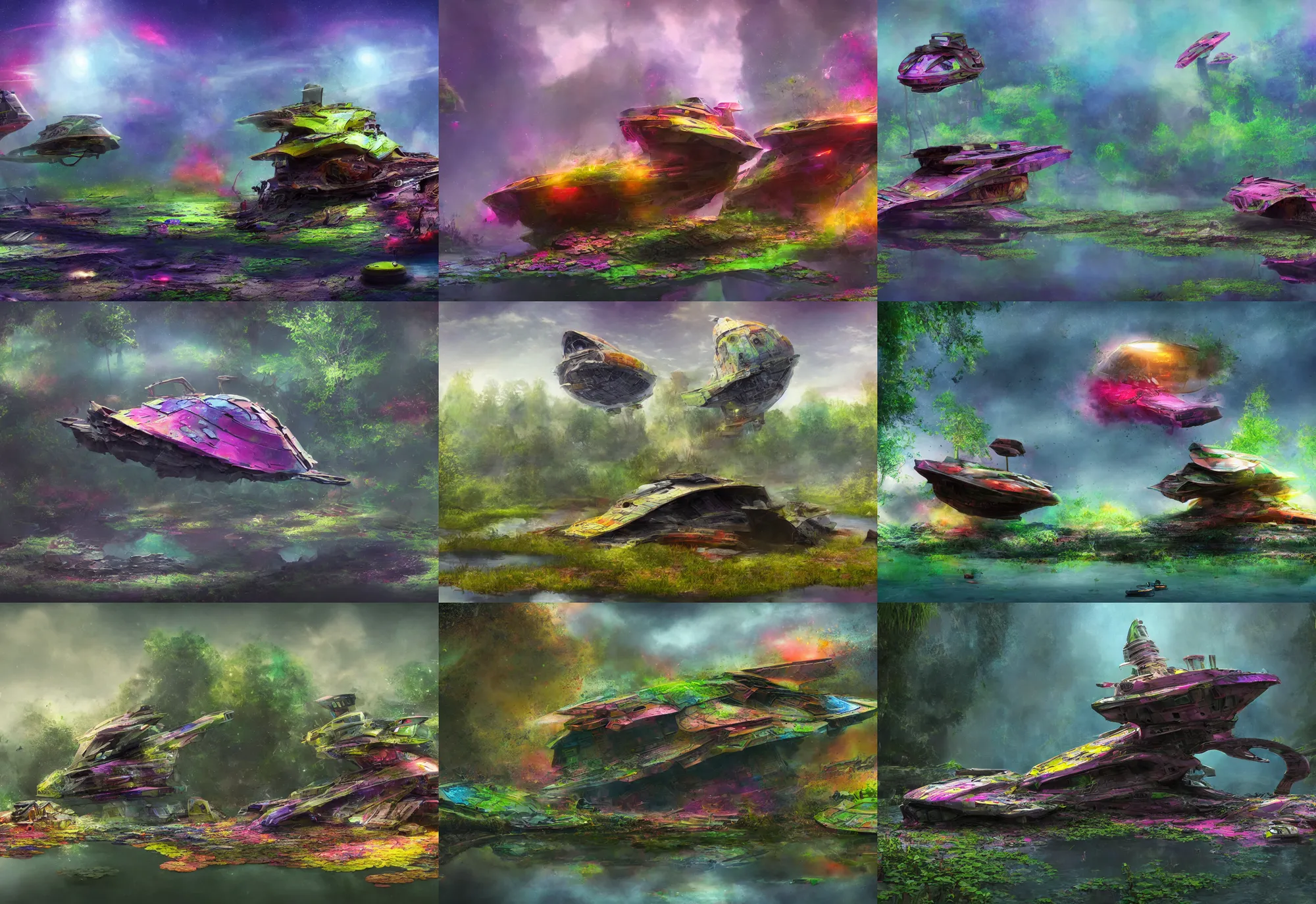 Prompt: matte painting of a crashed very colorful cute alien scout ship covered in a pond, 4 k