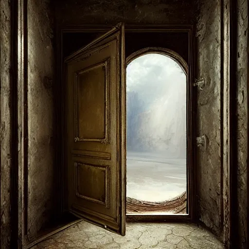 Image similar to michal karcz surrealism painting of the door beyond the void. , horror theme, detailed, elegant, intricate, 4k, Renaissance painting