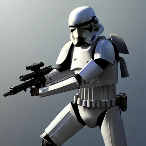 Image similar to an extremely long shot of an imperial stormtrooper in battle position ready to shoot his blaster concept art by Doug Chiang cinematic, realistic painting, high definition, very detailed, extremely high detail, photo realistic, concept art, the Mandalorian concept art style