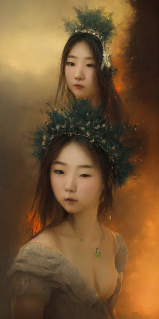 Image similar to Highly detailed and cinematic romantic period oil painting of dense smokey foggy atmosphere with a beautiful Korean girl wearing a neon glowing crown, an oil painting masterpiece by Josep Tapiró Baró, RPG portrait, dynamic lighting, 8K