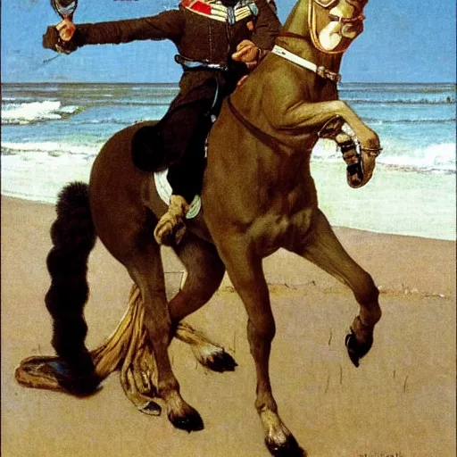 Image similar to napoleon riding a squirrel!!! on the beach with hyacinth!!!! by norman rockwell